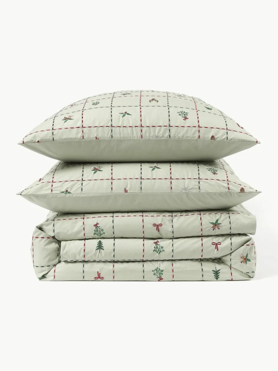 Geborduurd dekbedovertrek Rudy van perkalkatoen met kerstmotieven^Westwing Collection Hot
