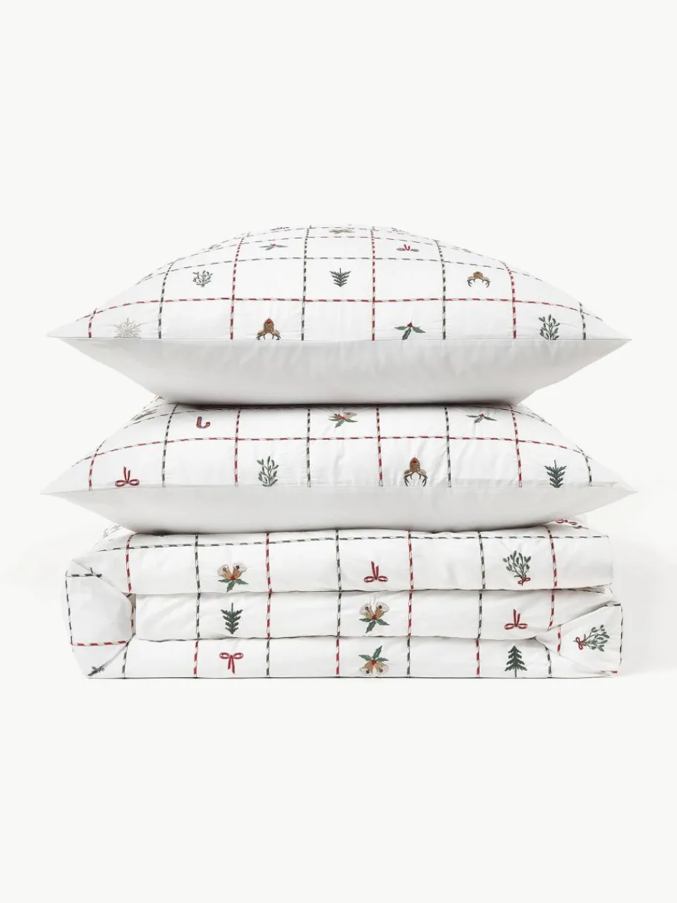 Geborduurd dekbedovertrek Rudy van perkalkatoen met kerstmotieven^Westwing Collection Fashion