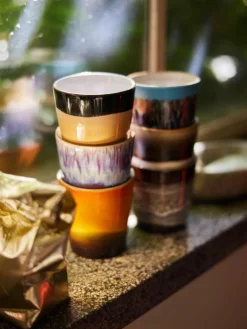 Handbeschilderde keramische bekers 70's met reactief glazuur, set van 6^HKLIVING Hot