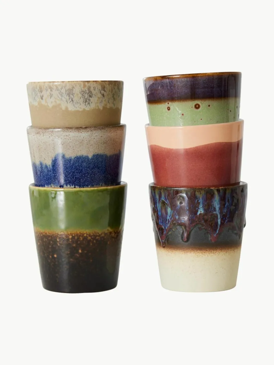 Handbeschilderde keramische bekers 70's met reactief glazuur, set van 6^HKLIVING Clearance