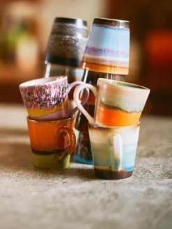 Handbeschilderde keramische espressokopjes 70's met reactief glazuur, set van 4^HKLIVING Clearance