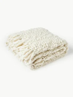 Handgemaakte grofgebreide wollen deken Belen met franjes^Westwing Collection Discount