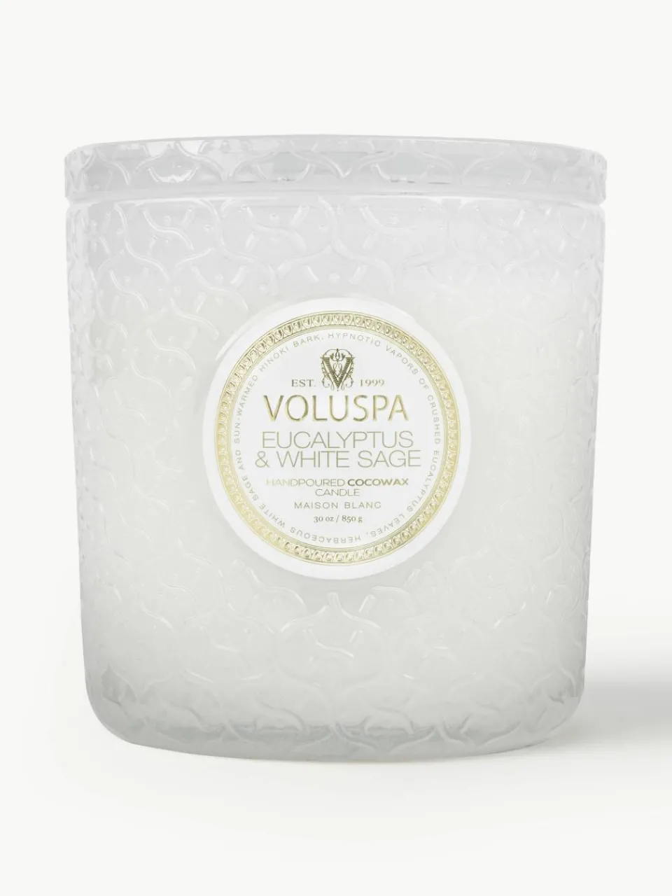 Handgemaakte 3-lonts geurkaars Maison Blanc (eucalyptus, kardemom, saliekleurig & hinoki-schors)^Voluspa Online