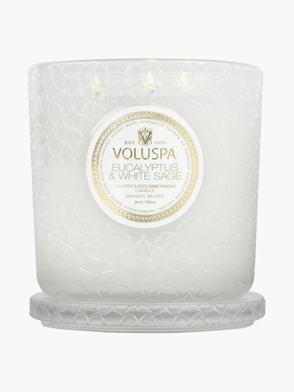 Handgemaakte 3-lonts geurkaars Maison Blanc (eucalyptus, kardemom, saliekleurig & hinoki-schors)^Voluspa Online