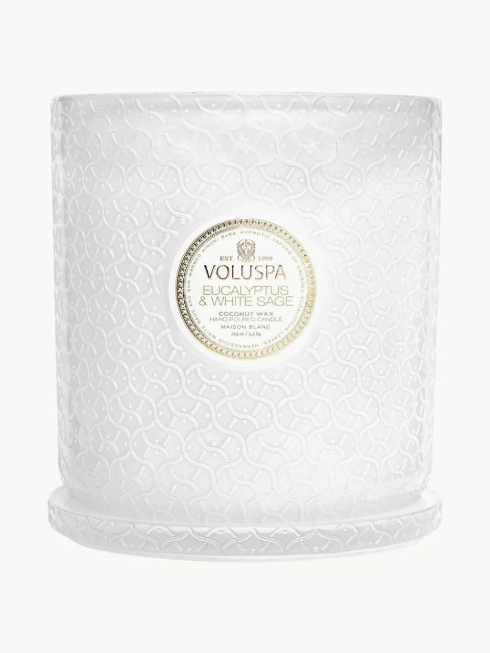 Handgemaakte 3-lonts geurkaars Maison Blanc (eucalyptus, kardemom, saliekleurig & hinoki-schors)^Voluspa Online