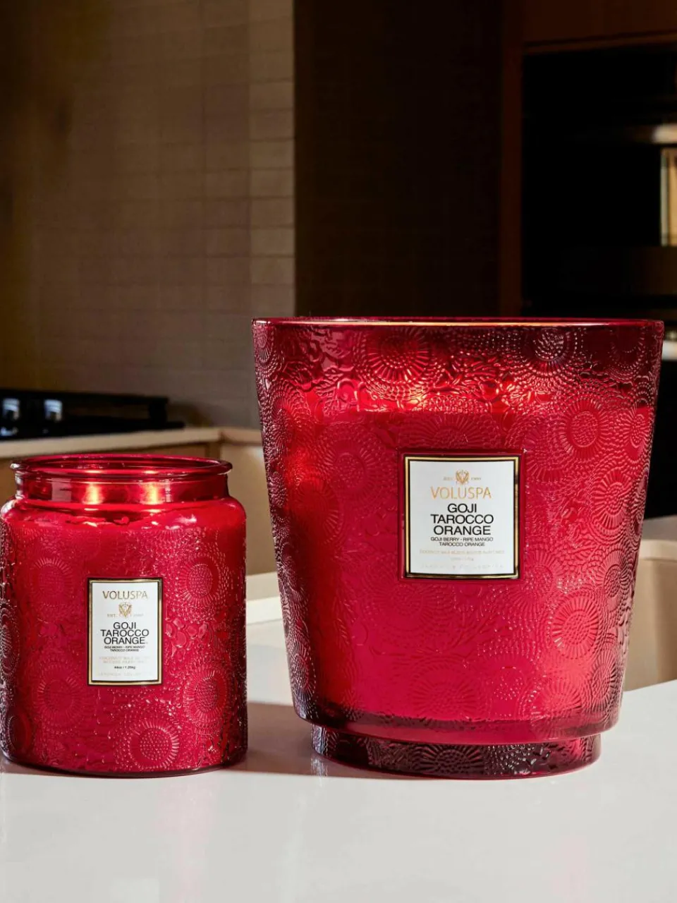 Handgemaakte 5-lonts geurkaars Japonica Collection (goji bes, mango & tarocco sinaasappel)^Voluspa Online