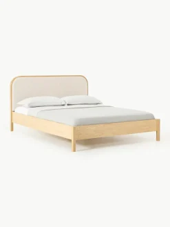 Houten bed Jones met hoofdeinde van bouclé^Westwing Collection Outlet