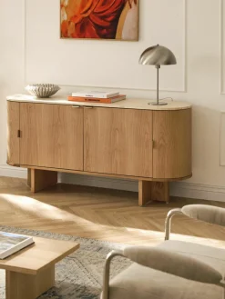Houten dressoir Zumi met afgeronde hoeken en travertijn blad^Westwing Collection Discount