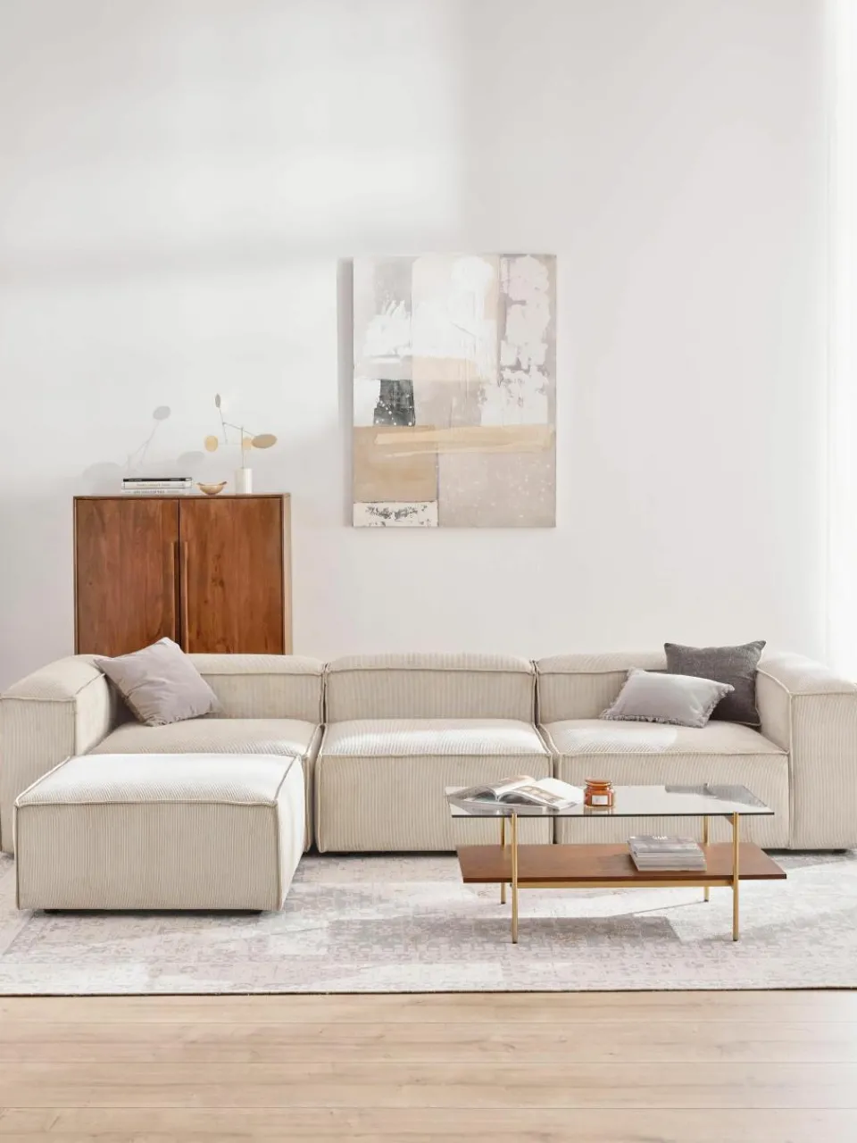 Modulaire bank Lennon (4-zits) van corduroy met poef (links/rechts)^Westwing Collection Clearance