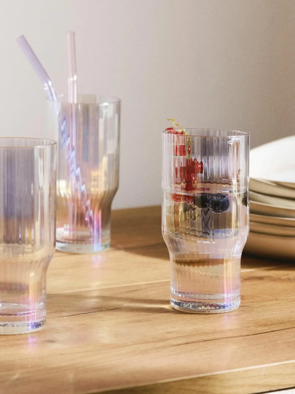 Mondgeblazen longdrinkglas Juno met groefreliëf en paarlemoer glans, 4 stuks^Westwing Collection Best