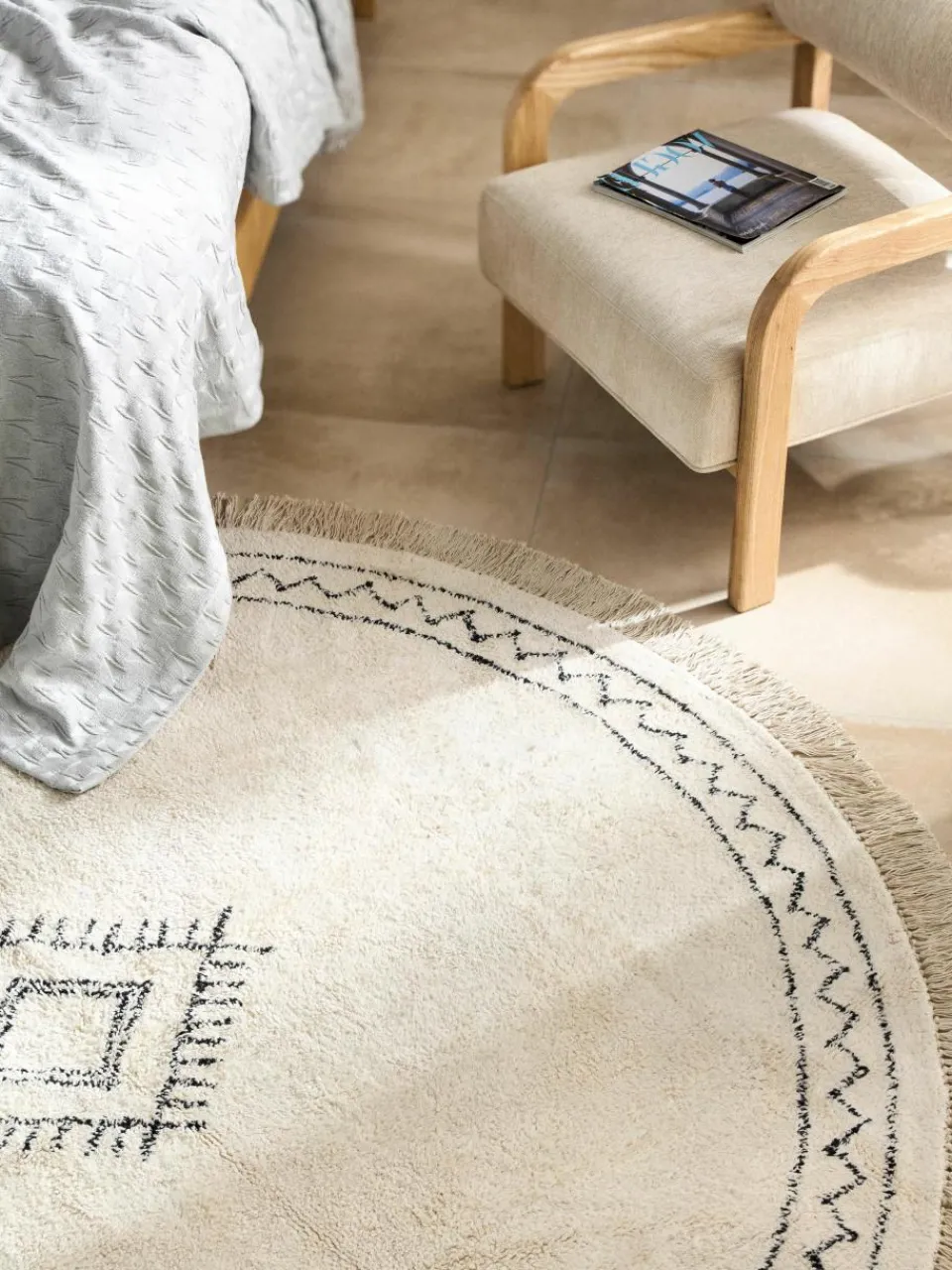 Rond katoenen vloerkleed Fionn met franjes, handgetuft^Westwing Collection Clearance