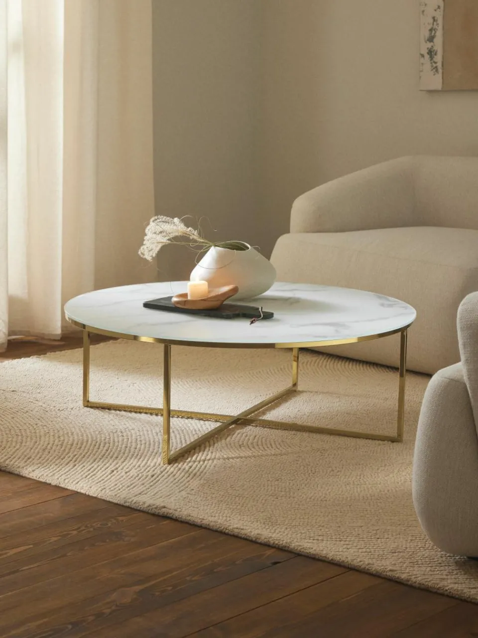 Ronde XL-salontafel Antigua met glazen tafelblad in marmerlook^Westwing Collection Hot